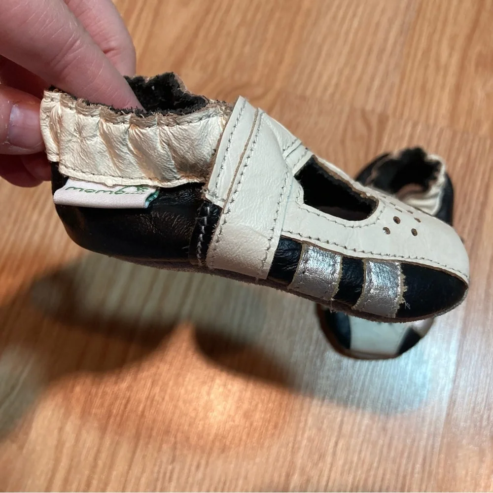 Momo Baby Leather Soft Sole‎ Crib Shoes Black White Silver 0-6 Months Infant